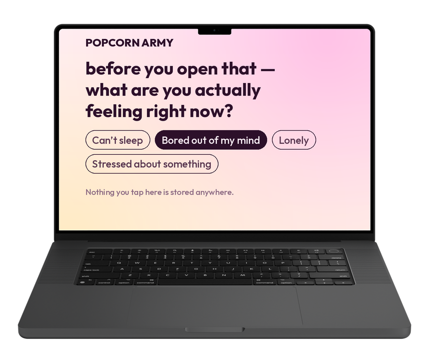 A laptop showing the Popcorn Army pause screen